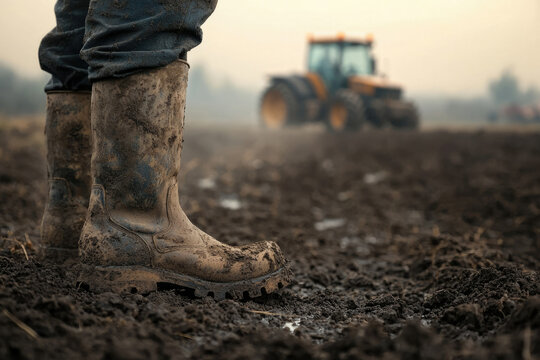 Muddy work boots stand in a freshly plowed field with a tractor in the background, depicting the hard work of farming.