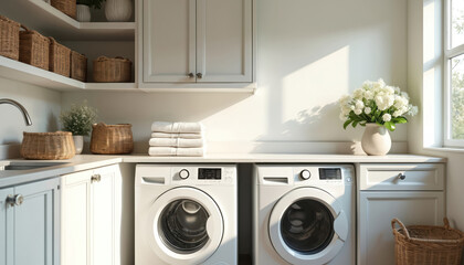 Bright laundry room features machines, sink, cabinets, shelves, wicker baskets, fresh flowers. White interior home design for cleaning, washing clothes. Organized space natural light. Solution for