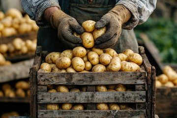 A farmer's hands carefully place freshly harvested potatoes into a rustic wooden crate.