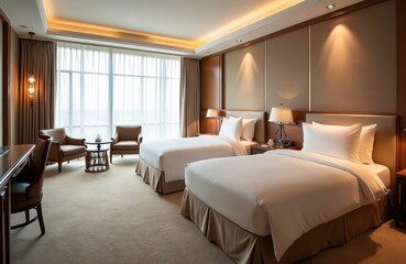 Fototapeta premium Luxury hotel room interior with two single beds, large window, carpeted floor. Beige walls, brown sofa chairs, modern lighting fixtures. Elegant design, comfortable bedding, contemporary suite, clean