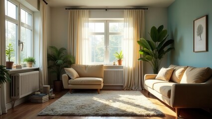Sunlight streams through sheer curtains illuminating a tranquil living room featuring beige upholstered furniture and lush potted plants.