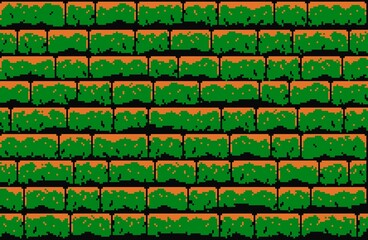 Pixel art green stone/brick with dark background. Dungeon texture tile pattern, for pixel art style game. 2D Stone Wall Texture.can be used for wallpaper, template card,background,asset for game