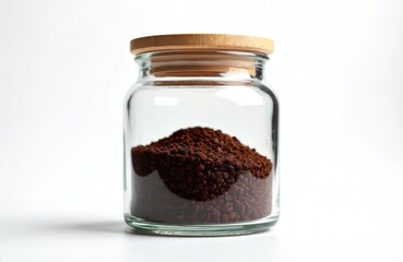 Instant coffee in glass jar with wooden lid. Brown granular powder inside transparent container. Energy drink ingredient for cafes and home use. Breakfast beverage, dry preserved food.