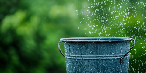 Fototapeta premium A rain-filled bucket surrounded by lush greenery, capturing the essence of nature and refreshing rainfall.