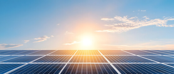 solar panel array under bright sky at sunrise, showcasing renewable energy. panels reflect sunlight, emphasizing sustainability and innovation in energy solutions