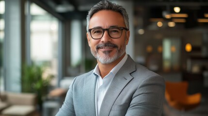 Fototapeta premium Ambitious, successful, visionary leader in a high-rise corporate space, energetic stance, modern aesthetics, powerful presence, forward-thinking attitude