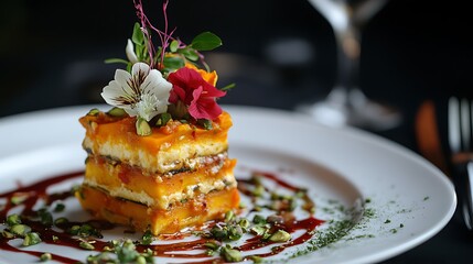 A specially prepared entree called pumpkin lasagna pistachio