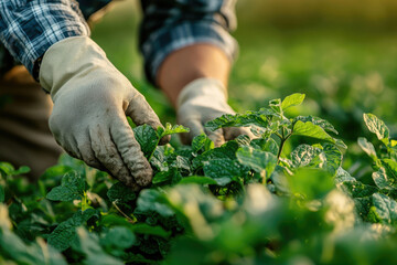 A farmer's hands gently tend to a vibrant green crop in a sun-drenched field.