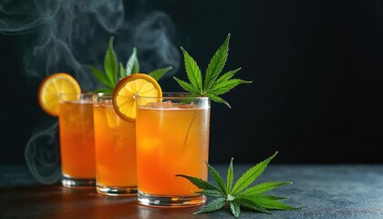 Fototapeta premium Three cannabis cocktails with orange slices, weed leaves and smoke. Refreshing summer tropical drinks with marijuana, natural plant. Ganja mix in glass for recreational use, alternative medicine.
