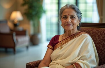 Middle aged Indian woman in ivory saree with maroon border sits in hotel lobby. Traditional clothing, culture, elegance. Mature lady smiles in serene, classic pose, relaxed atmosphere, soft warm