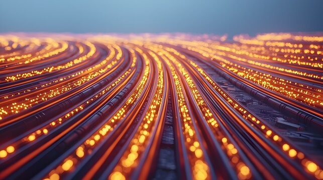 The image shows numerous parallel tubes curving gently away from the viewer, each illuminated with rows of bright orange lights.