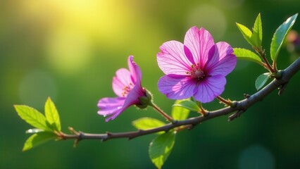 Obraz premium Delicate pink blossoms bathed in warm sunlight on a branch with vibrant green leaves, a tranquil springtime scene in nature