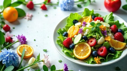 A vibrant and refreshing summer salad, featuring an array of colorful fruits, edible flowers, and fresh greens, arranged artfully on a crisp white plate, is a delightful culinary masterpiece