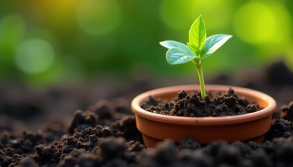 Delicate green seedling in a terracotta pot, surrounded by fertile soil , container, nature, early growth