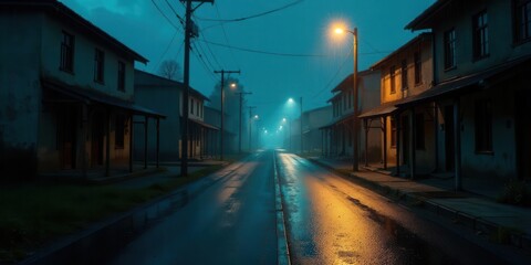 Obraz premium A Deserted Street at Night, Bathed in the Golden Glow of Streetlights During a Gentle Rain