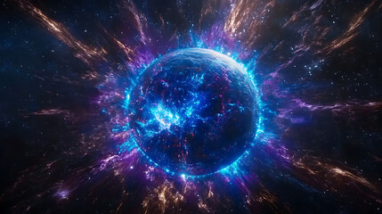 Obraz premium Cosmic explosion of glowing nebulae outer space digital art sci-fi environment eye-level view astronomical wonders