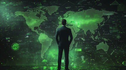 green business strategy A businessman analyzes global data on a digital map, emphasizing technology and innovation in modern enterprises.