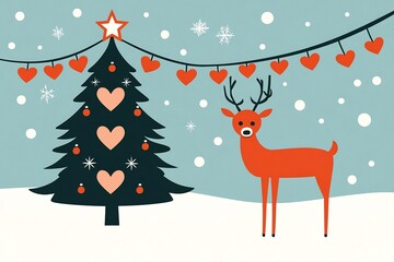 Festive Winter Scene with Deer and Christmas Tree Decorated with Hearts