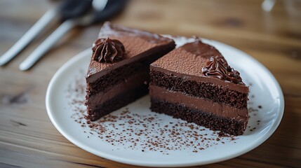 A vertical high angle of two pieces of chocolate cake served