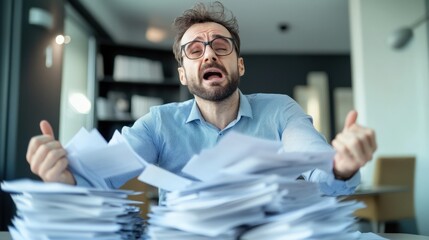 Frustrated Man Surrounded by Paperwork in Modern Office Environment
