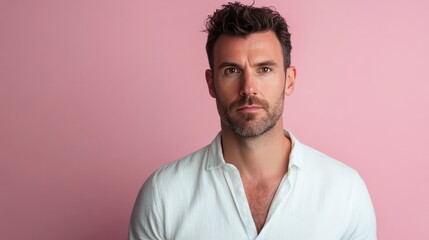 Obraz premium Confident Man in Casual Attire Against a Soft Pink Background