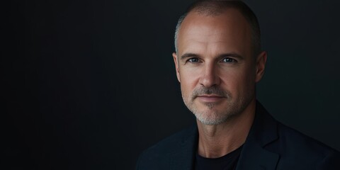 Obraz premium Confident Middle-Aged Man in a Dark Suit Against a Black Background