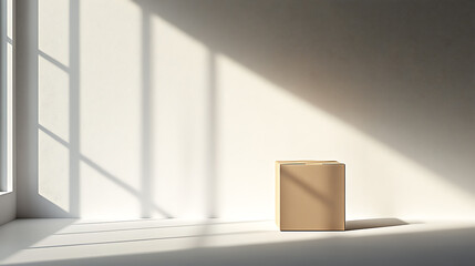 Fototapeta premium Box on floor with sunlight shadows minimalist interior still life modern space simple composition serenity