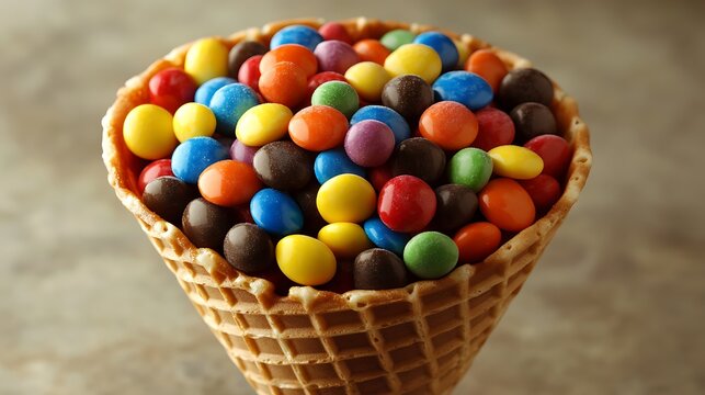 A waffle ice cream cone filled with multicolored candies