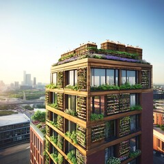 Fototapeta premium Eco Friendly High Rise with Rooftop Garden and Renewable Energy Features in Futuristic City Skyline