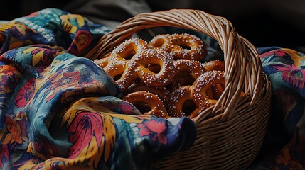 A wicker basket and colorful table cloth laden with salted pretzels