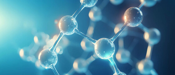 A close-up view of molecular structures, showcasing interconnected atoms in a blue-lit environment, emphasizing science and innovation.
