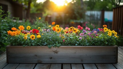 Blooming Garden in Sunset: A vibrant display of diverse flowers blossoms abundantly in a wooden planter box, basking in the golden light of a stunning sunset.