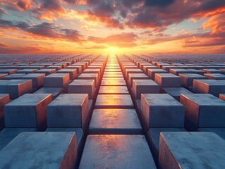 Obraz premium Serene sunset illuminates endless grey cube path. AI Generated
