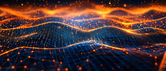 An abstract representation of flowing waves with glowing orange and blue elements, depicting movement and data visualization.