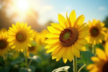 Fototapeta premium Golden sunflowers bask in bright sunlight, vibrant petals gleaming , sunlight, summer, landscape