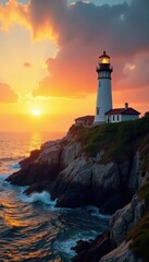 Golden sunrise illuminates solitary lighthouse perched on dramatic rocky outcrop , dramatic, golden hour