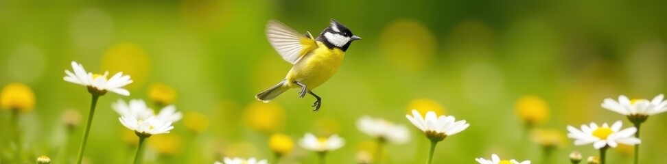 Naklejka premium Golden-yellow titmouse in flight, wings outstretched, above field of daisies , wildflower, countryside