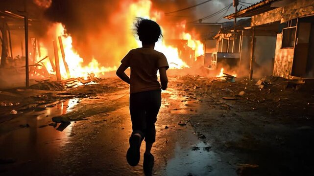 A mother frantically searches for her child amidst the chaos of a burning village, capturing raw emotion and urgency.