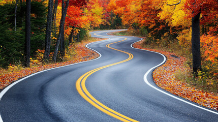 Naklejka premium A winding road surrounded by vibrant autumn foliage, showcasing beautiful orange and yellow leaves under a clear sky.