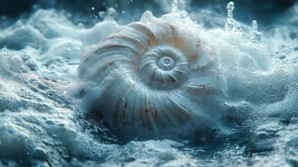 Serene Seashell Amidst the Waves: A pearlescent seashell is gently cradled by frothy, wave-swept, ocean water.