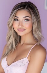 Naklejka premium A beautiful woman in a pink dress, with a slender waist, is set against a soft purple background with bokeh lights. She has long hair, flawless makeup on her face and eyes, and an attractive figure
