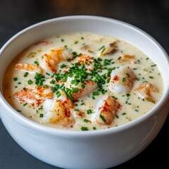A rich and creamy seafood chowder with chunks of fish and shrimp, served in a white ceramic bowl, Chowder centered with a sprinkle of fresh chives