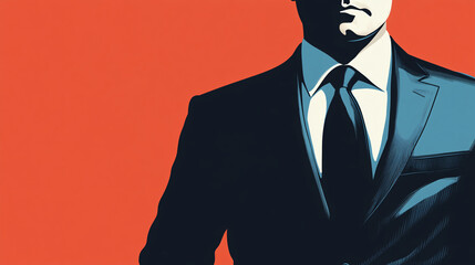 A stylized illustration of a man in a suit against a vibrant orange background, exuding confidence and professionalism.