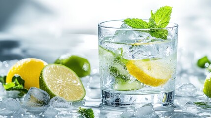 Iced citrus mint drink, refreshing summer beverage, studio shot, ice background, website advertising