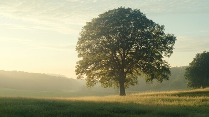 Sunrise over solitary tree in misty field