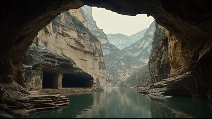 Dark Canyon River Landscape with Cave Entrance