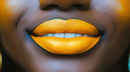 A close-up of vibrant yellow lips, showcasing bold makeup against dark skin, highlighting beauty and creativity.