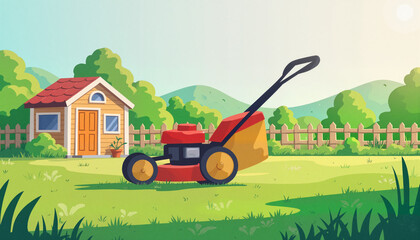 Classic push lawn mower on manicured lawn, spring gardening concept