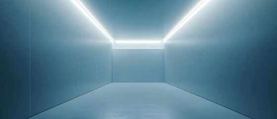 A minimalist, illuminated room featuring smooth walls and a reflective floor, creating a serene and futuristic atmosphere.