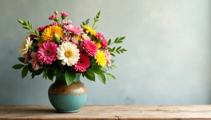 Fototapeta premium Lush arrangement of assorted summer blooms in a rustic vase, colorful, summer, still life
